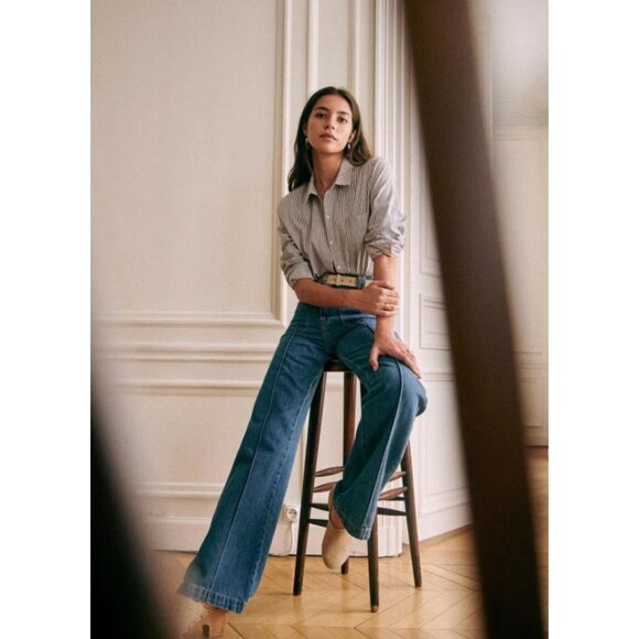 Sezane Tomboy Shirt Stripes Ecru Blue Button Down Casual french 36 Small - Picture 2 of 16